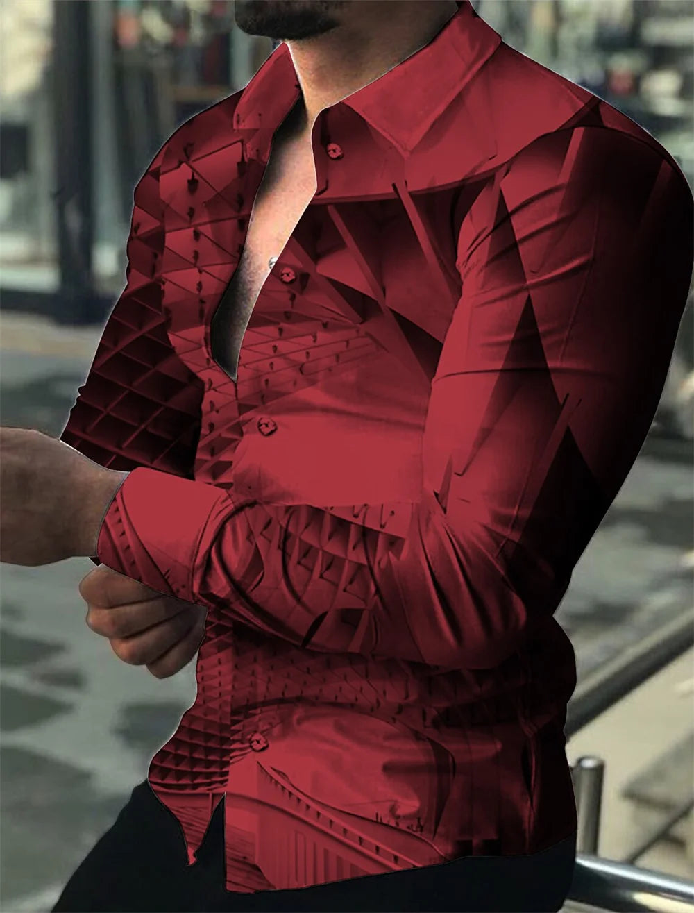 Camisa de hombre con estampado dorado, blanca, negra, roja, manga larga, cuello con botones, estilo casual y moderno, tallas grandes.