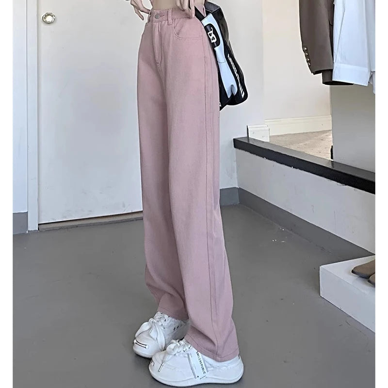 Pantalones vaqueros vintage de pierna ancha para mujer, pantalones de cintura alta para niña, moda femenina, negro, gris, retro, azul, azul claro, rosa, pantalones vaqueros