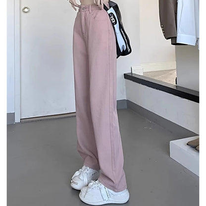 Pantalones vaqueros vintage de pierna ancha para mujer, pantalones de cintura alta para niña, moda femenina, negro, gris, retro, azul, azul claro, rosa, pantalones vaqueros