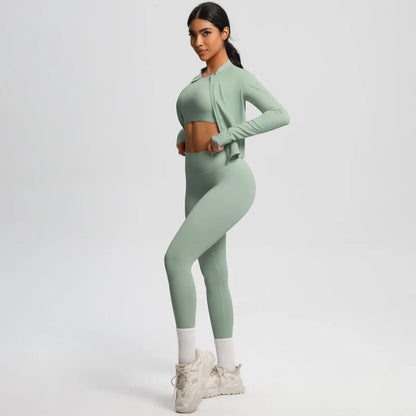 Conjunto de leggings de yoga, top deportivo con cremallera y manga larga, transpirable, para correr al aire libre, pantalones de yoga ajustados e informales, ropa de fitness