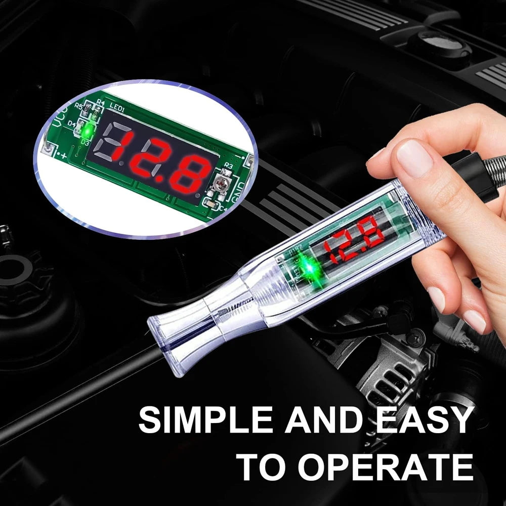 Probador de circuito automotriz con luz de prueba, 3-48 V CC, pantalla LCD digital, cable de resorte prolongador para sedán, SUV, RV, camión y cortadora de césped.