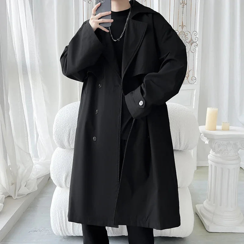 Gabardina de hombre, corte ajustado, cruzada, con cinturón, cortavientos, solapa, chaqueta larga, informal, impermeable, tallas M-5XL