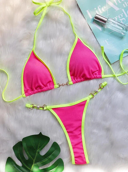 Bikini sexy con cuello halter y perlas para mujer, traje de baño femenino de dos piezas con ribete acanalado