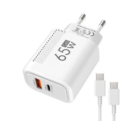 Cargador GaN USB-C de carga rápida de 65 W para teléfonos móviles, adaptador de enchufe UE/EE. UU. para iPhone, Samsung y Xiaomi, cargador de pared tipo C de carga rápida.