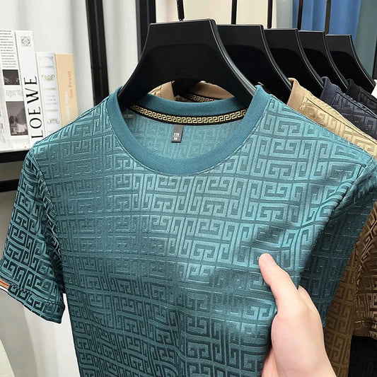Camiseta de cuello redondo y manga corta de jacquard de moda para hombre, nueva, informal, cómoda y versátil para todas las estaciones, 2025