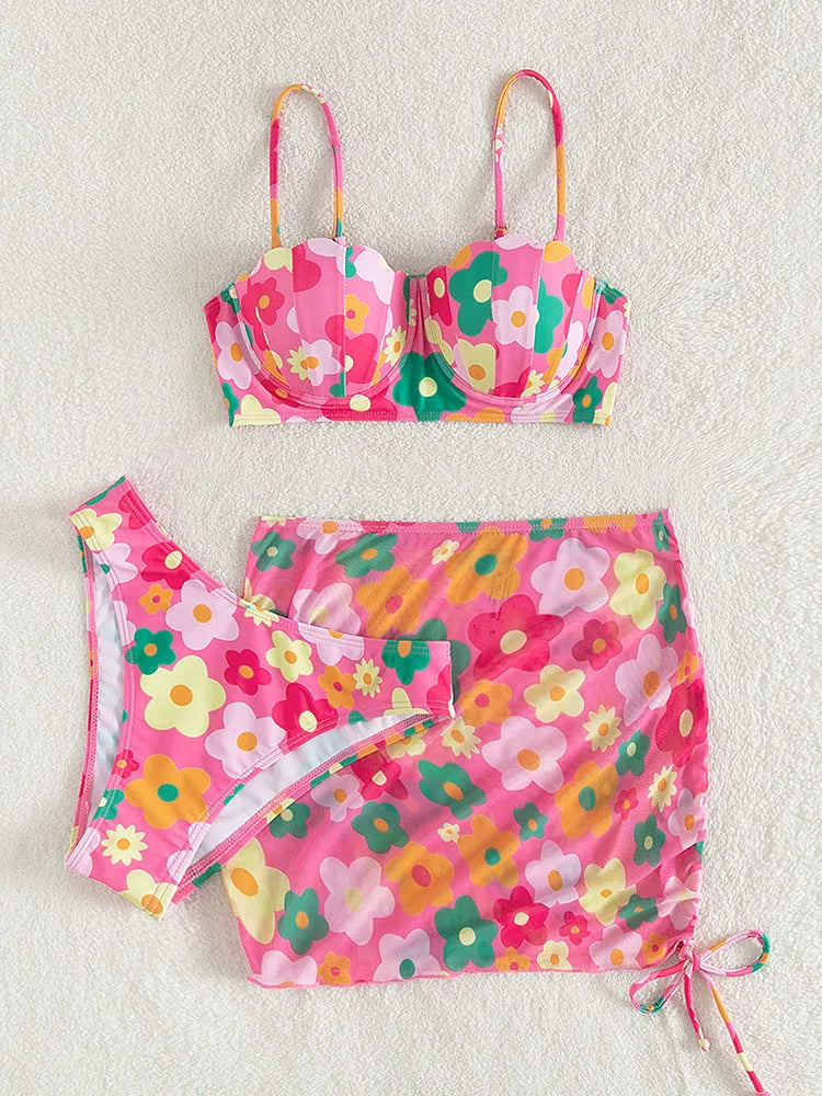 Conjunto de bikini sexy de 3 piezas para mujer, traje de baño con falda, novedad de 2023, bikini push up para mujer, ropa de playa con perlas sintéticas.