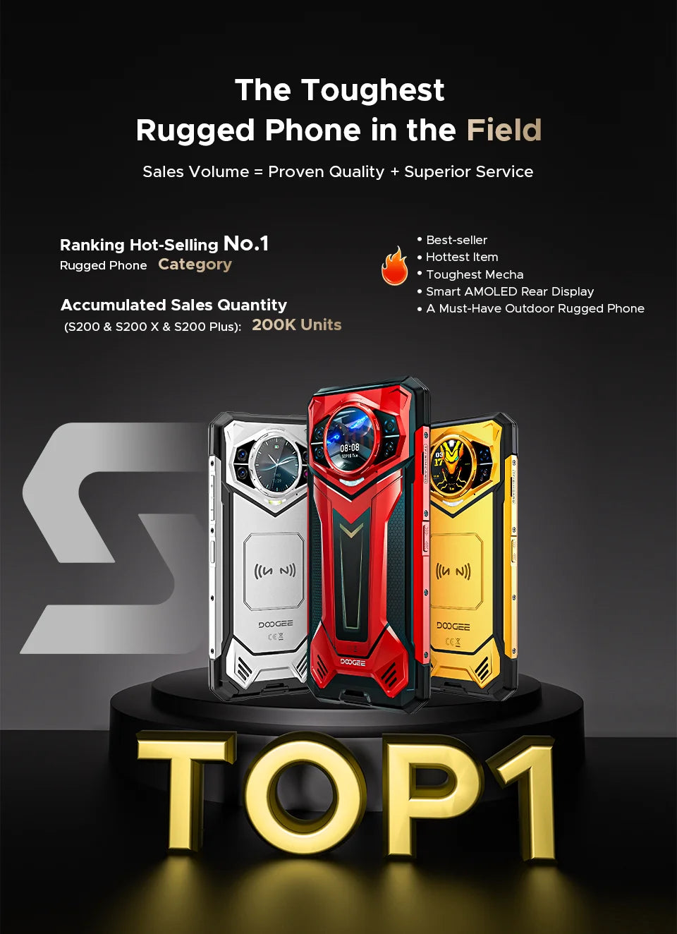 Teléfono resistente DOOGEE S200 Max, 16 GB + 512 GB, batería de 22000 mAh, procesador Dimensity 7050, pantalla de 6,72" a 120 Hz, pantalla trasera de 1,32", linterna dual.
