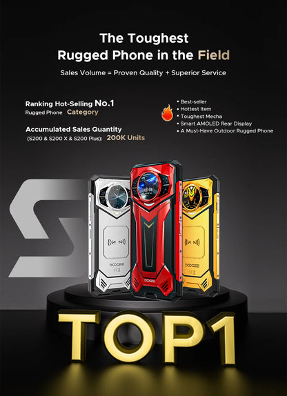 Teléfono resistente DOOGEE S200 Max, 16 GB + 512 GB, batería de 22000 mAh, procesador Dimensity 7050, pantalla de 6,72" a 120 Hz, pantalla trasera de 1,32", linterna dual.