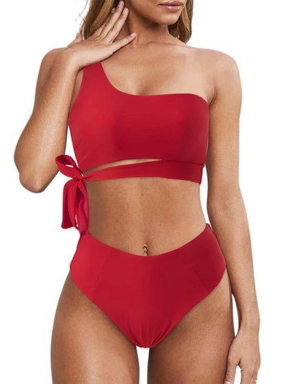Bikini de un solo hombro para mujer, traje de baño dividido, color liso, traje de baño de playa de verano, traje de baño para mujer
