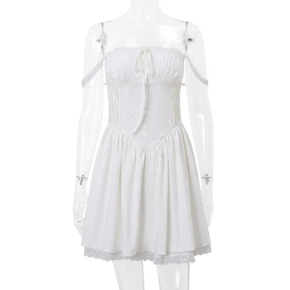 Sexy Lace Floral Corset Short Dress Elegant Women's White Yellow Sundress Female High Waist Mini Sun Dresses Summer 2025 New In