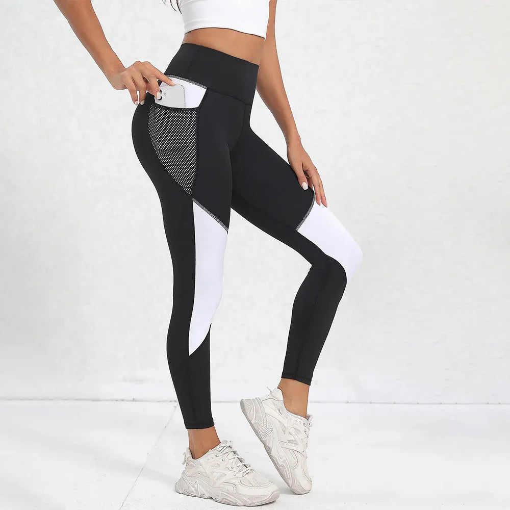 Leggings de yoga de cintura alta con bloques de color para mujer, leggings de entrenamiento con control de abdomen para mujer
