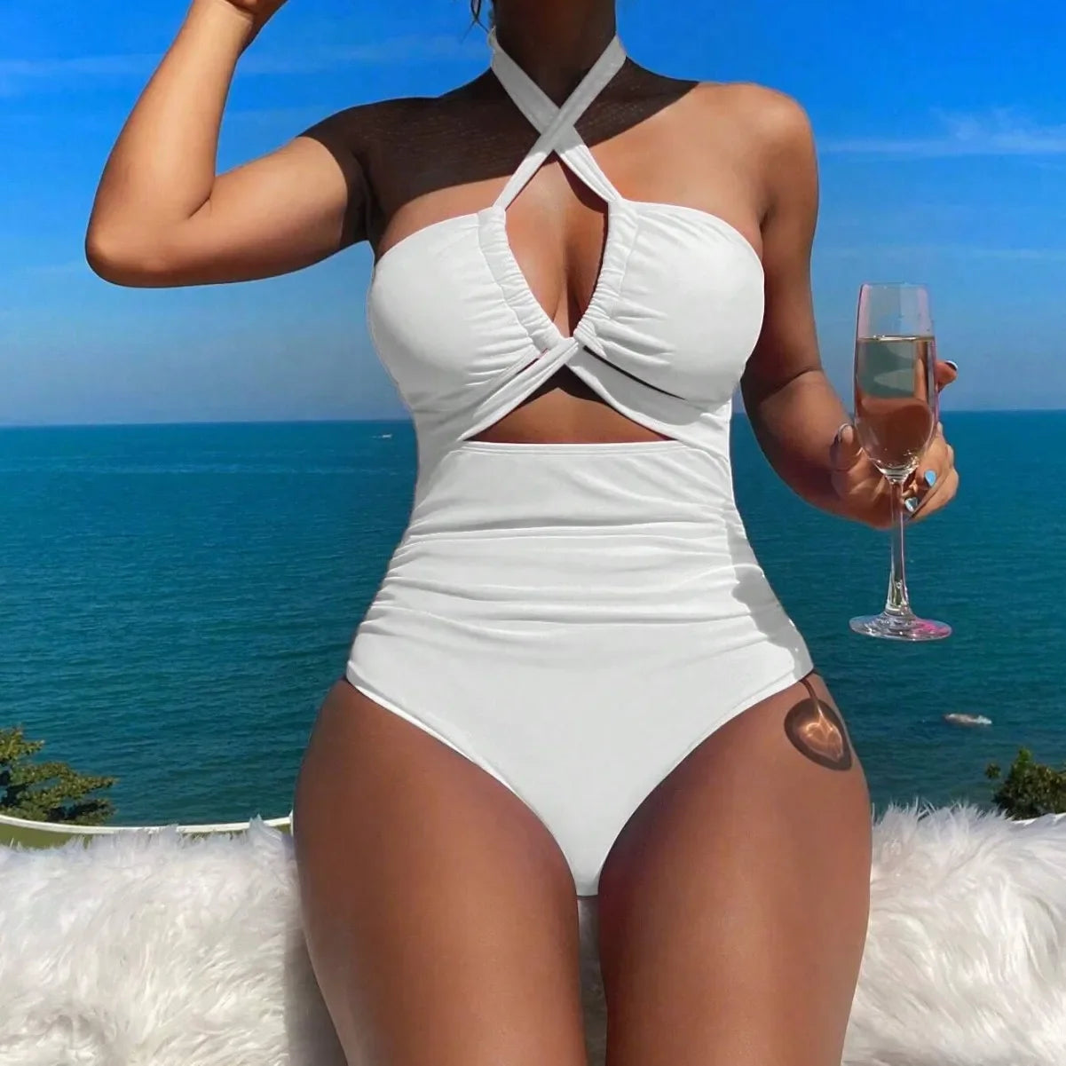 Traje de baño de una pieza de cintura alta sexy para mujer, color puro, novedad de 2025, elegante y a la moda, ropa de playa.