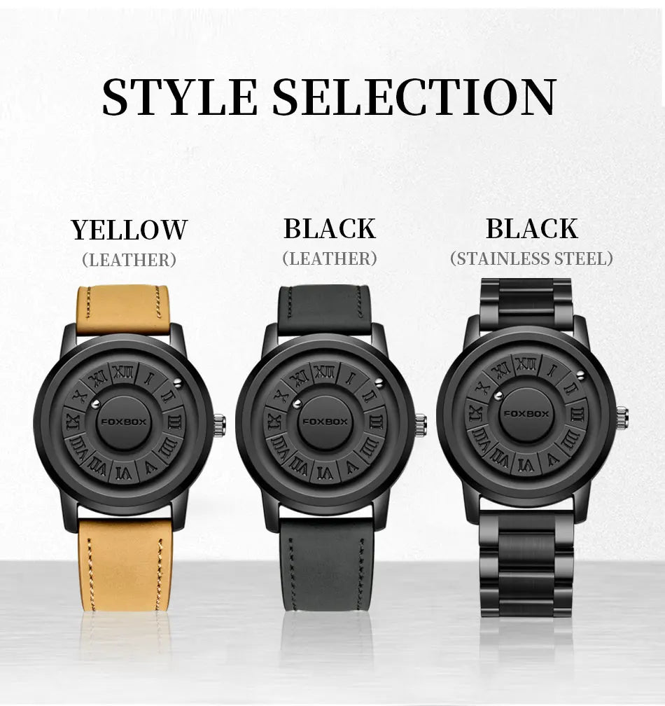 Relojes FOXBOX para hombre, marca de lujo, de cuero, resistente al agua, reloj de pulsera de cuarzo con puntero de desplazamiento y fuerza magnética.