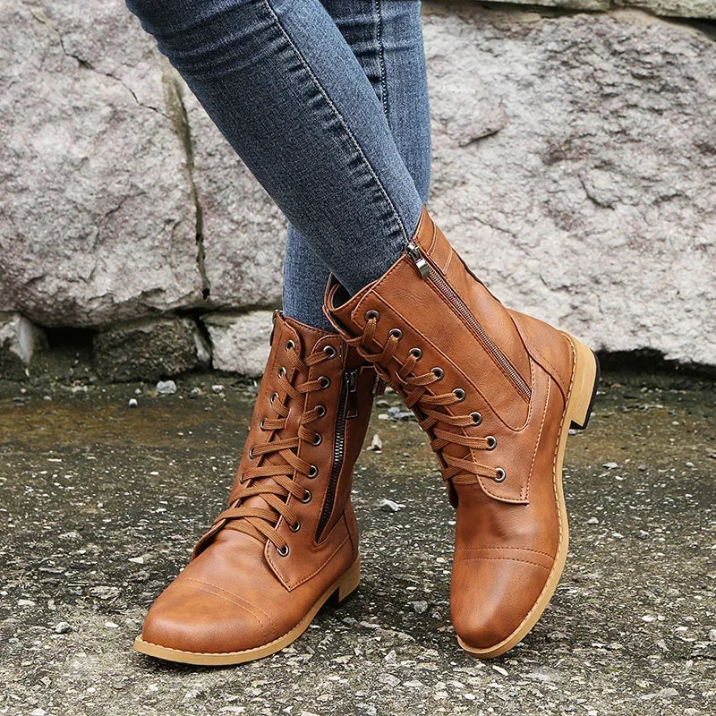 Botines de tacón cuadrado para mujer, botas de trabajo cortas de piel sintética para otoño e invierno, botas elásticas con cordones de talla grande para mujer 2024