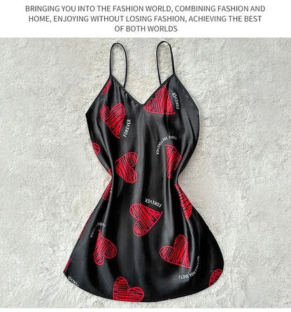 Camisón de satén con estampado de labios rojos para San Valentín, minivestido de dormir sin espalda y cuello en V para mujer