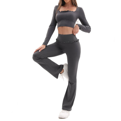 Conjunto de Yoga de 2 Piezas con Volantes para Mujer, Cintura Alta, Control de Abdomen, Pantalones Acampanados, Top de Manga Larga, Ropa Deportiva para Gimnasio, Correr, Clásico, Gris Oscuro