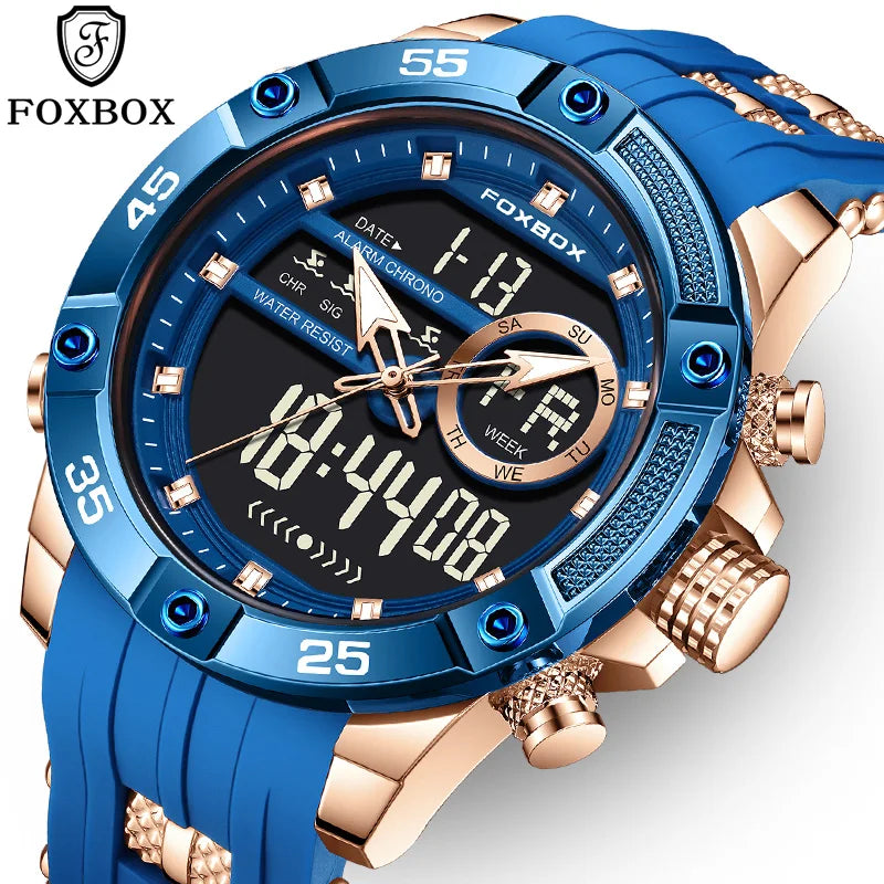 Reloj de pulsera de cuarzo de lujo FOXBOX para hombre, deportivo, impermeable, con doble pantalla, LED digital militar, de acero, para negocios + caja.