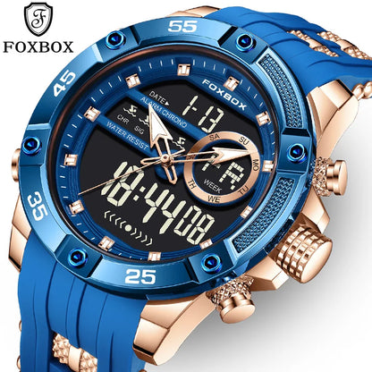 Reloj de pulsera de cuarzo de lujo FOXBOX para hombre, deportivo, impermeable, con doble pantalla, LED digital militar, de acero, para negocios + caja.