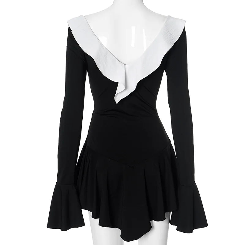 Vestido corto de mujer con volantes, patchwork blanco y negro, manga larga acampanada, encaje y cordones, para fiesta, noche, mini vestido, azul, rosa, rojo.