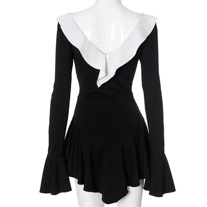 Vestido corto de mujer con volantes, patchwork blanco y negro, manga larga acampanada, encaje y cordones, para fiesta, noche, mini vestido, azul, rosa, rojo.