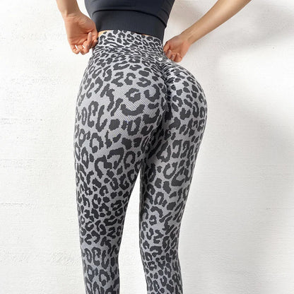 Pantalones deportivos de cintura alta con estampado de leopardo, color melocotón, para realzar la cadera, tipo mallas, para correr, hacer yoga, etc., de Europa y Estados Unidos.