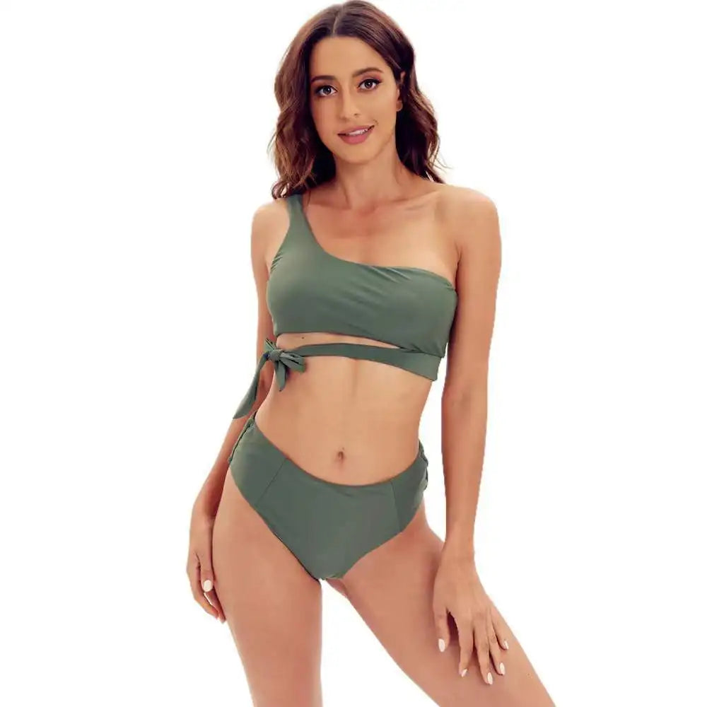 Bikini de un solo hombro para mujer, traje de baño dividido, color liso, traje de baño de playa de verano, traje de baño para mujer