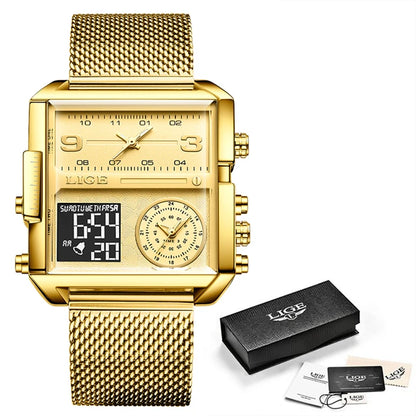 Reloj LIGE de acero negro para hombre, reloj digital con doble pantalla, cronógrafo deportivo, resistente al agua, de cuarzo, estilo militar