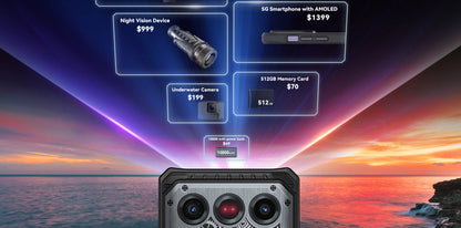 Smartphone resistente IIIF150 Raptor 5G con Android 14, pantalla AMOLED de 6,78" y 120 Hz, 16 GB de RAM + 512 GB de almacenamiento, cámara de 50 MP, batería de 10000 mAh y 65 W.