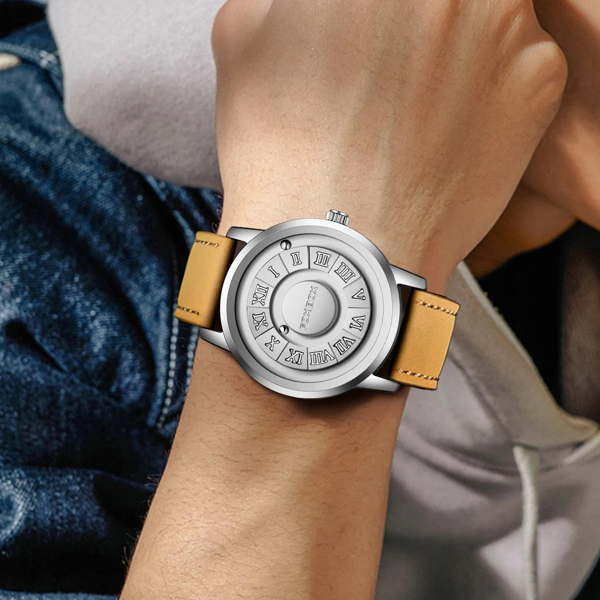 Relojes FOXBOX para hombre, marca de lujo, de cuero, resistente al agua, reloj de pulsera de cuarzo con puntero de desplazamiento y fuerza magnética.