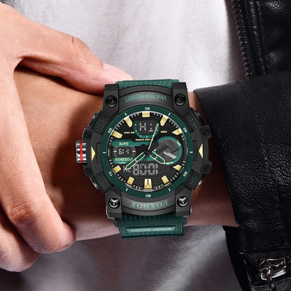 FOXBOX TOP Relojes para hombre, reloj de pulsera de cuarzo, resistente al agua, con pantalla de doble horario, reloj militar para hombre, reloj para hombre + CAJA