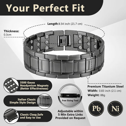 Pulseras clásicas de acero y titanio ARADOO con 3 imanes de neodimio ultrarresistentes, pulsera de eslabones de cobre para terapia magnética.