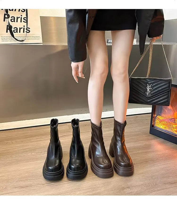 Botines con plataforma para mujer, con aumento de altura, elásticos, adelgazantes, modernos, para otoño e invierno