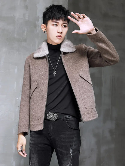 AYUNSUE Spring Autumn Wool Coat Men Double-sided Alpaca Jacket Mink Fur Collar Mens Coats and Jackets Overcoat 1970B KJ3859