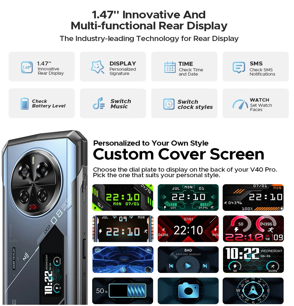 Teléfono robusto DOOGEE V40 Pro 5G versión global, pantalla de 6,78", 16 GB + 512 GB, dimensiones 7300, cámara con IA de 200 MP, 8680 mAh, cargador rápido de 33 W.