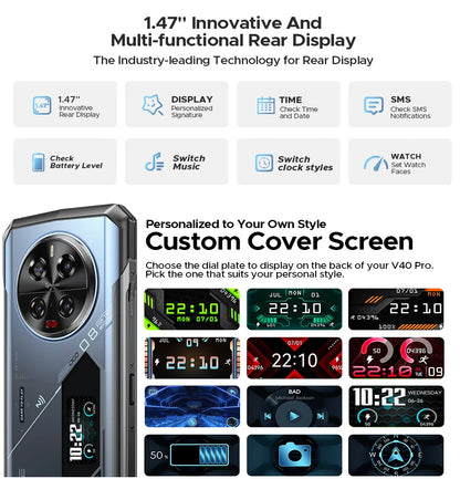 Teléfono robusto DOOGEE V40 Pro 5G versión global, pantalla de 6,78", 16 GB + 512 GB, dimensiones 7300, cámara con IA de 200 MP, 8680 mAh, cargador rápido de 33 W.