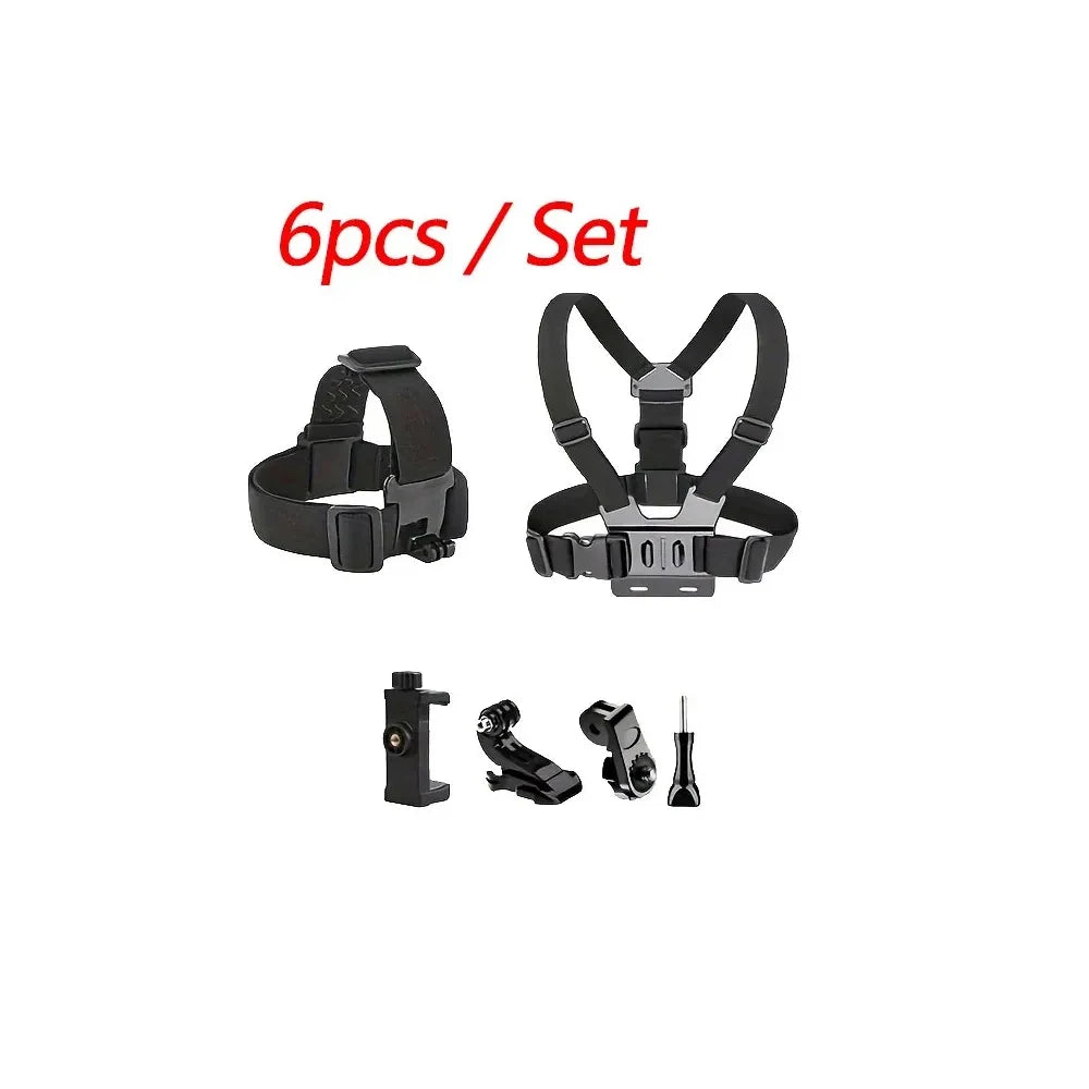 Kit de cámara de acción todo en uno de 6 piezas con correa para la cabeza y correa para el pecho, ajustable para GoPro, teléfono, Osmo, estabilidad mejorada y versatilidad.
