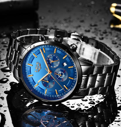LIGE - Reloj de negocios para hombre, de cuarzo, de lujo, resistente al agua, 3 barras, cronógrafo luminoso, regalo + caja