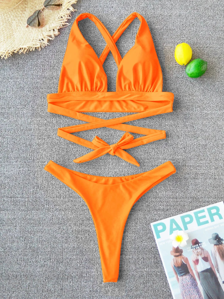Bikini sexy 2025, traje de baño liso para mujer, traje de baño para mujer, conjunto de bikini push up con vendaje cruzado, traje de baño para playa, traje de baño