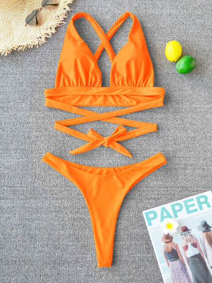 Bikini sexy 2025, traje de baño liso para mujer, traje de baño para mujer, conjunto de bikini push up con vendaje cruzado, traje de baño para playa, traje de baño