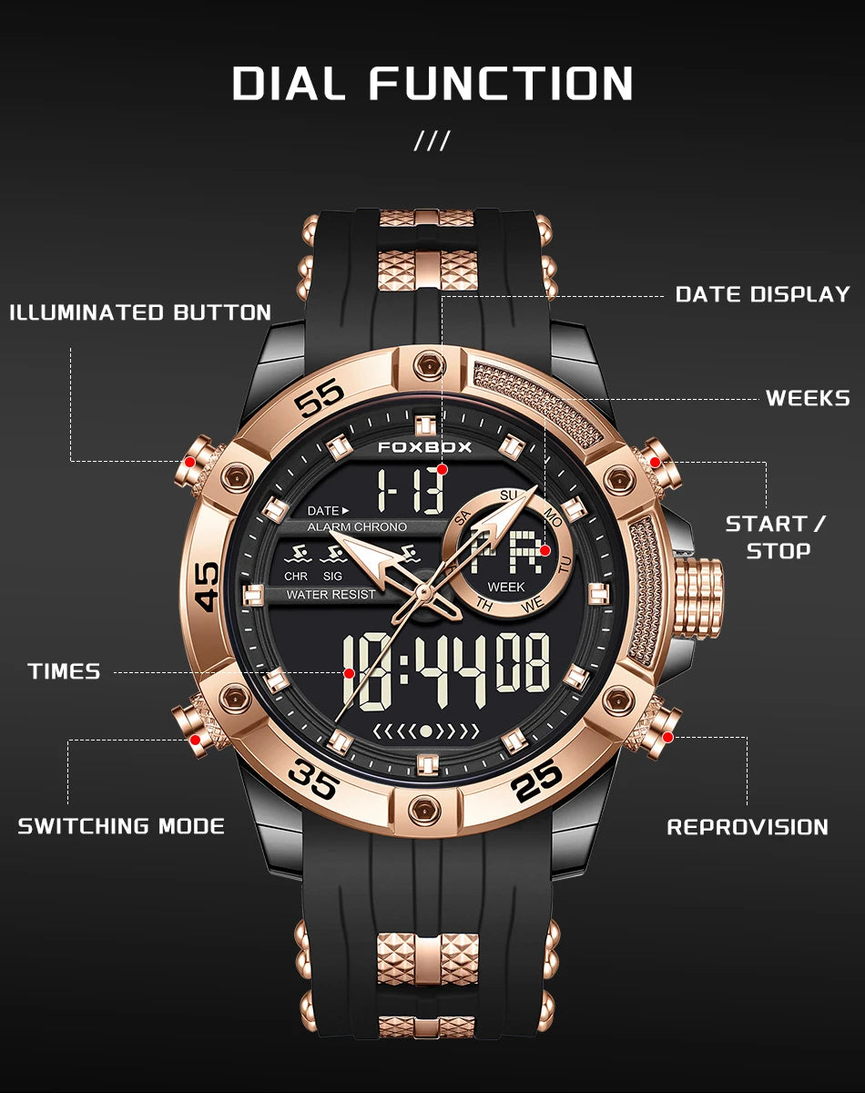 Reloj de pulsera de cuarzo de lujo FOXBOX para hombre, deportivo, impermeable, con doble pantalla, LED digital militar, de acero, para negocios + caja.