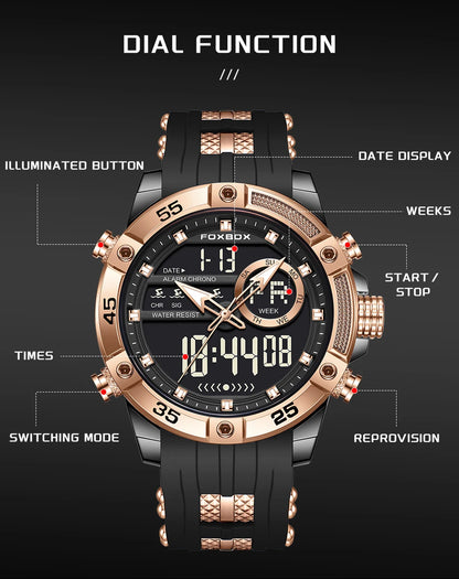 Reloj de pulsera de cuarzo de lujo FOXBOX para hombre, deportivo, impermeable, con doble pantalla, LED digital militar, de acero, para negocios + caja.