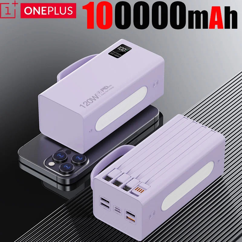 Cargador portátil de alta capacidad Oneplus de 500.000 mAh y 120 W, 4 en 1, con carga rápida y cables, para Samsung y iPhone.
