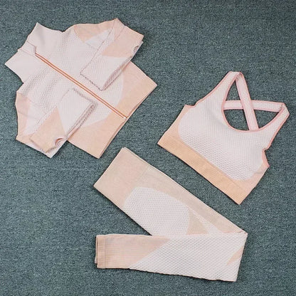 Conjunto de 3 piezas de yoga sin costuras, chaleco deportivo de fitness, pantalones de cintura alta que levantan la cadera, ropa de entrenamiento, conjunto de leggings de gimnasio para mujer