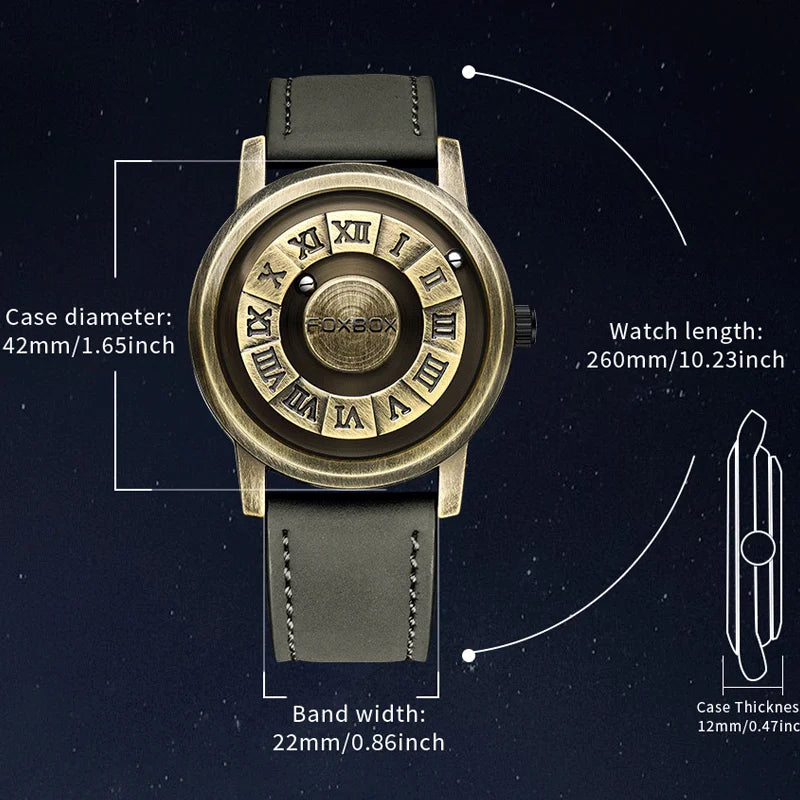 Reloj de cuarzo para hombre FOXBOX, moda, personalidad, creativo, con bola de hierro giratoria, puntero magnético, resistente al agua, para hombre, regalo + caja.