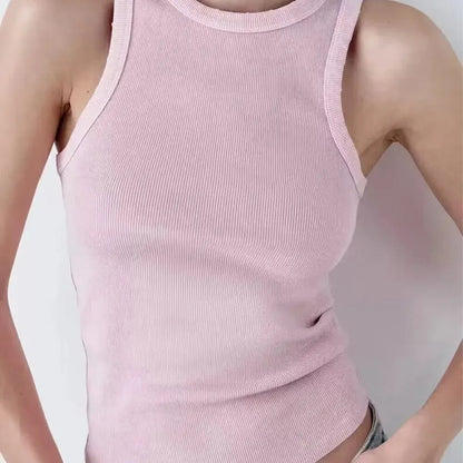 BMURHMZA - Camiseta sin mangas de trabajo retro sencilla con ribete lavado al agua para mujer