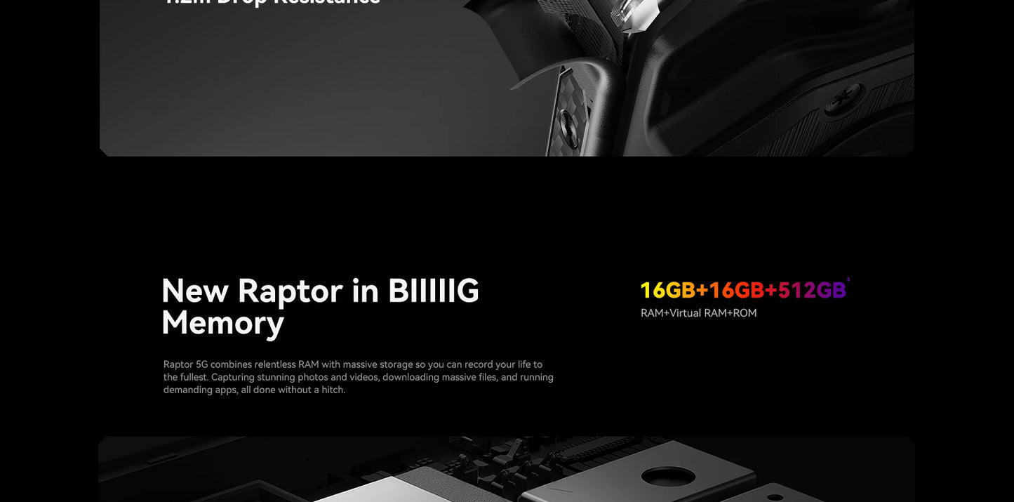 Smartphone resistente IIIF150 Raptor 5G con Android 14, pantalla AMOLED de 6,78" y 120 Hz, 16 GB de RAM + 512 GB de almacenamiento, cámara de 50 MP, batería de 10000 mAh y 65 W.