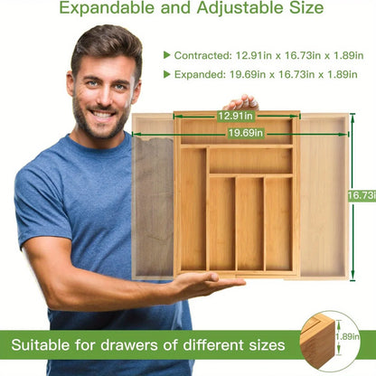 Organizador de cajones de bambú ajustable y expandible para cocina, dormitorio o sala de estar. Ideal para organizar cubiertos, cubiertos y cuchillos.
