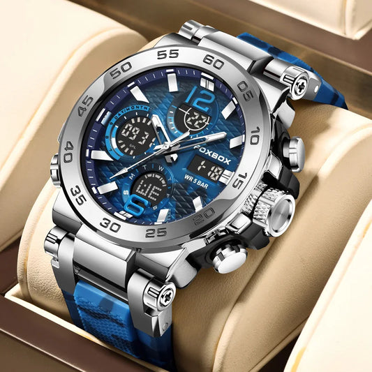 FOXBOX Reloj digital a prueba de golpes para hombre, estilo militar, camuflaje, resistente al agua hasta 5 ATM, relojes electrónicos a prueba de golpes, estilo táctico.
