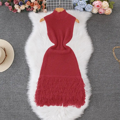 Vestido corto de punto con borlas, cuello redondo, sin mangas, con detalle calado de ganchillo y elástico, estilo ajustado, ideal para la playa o para usar a diario.