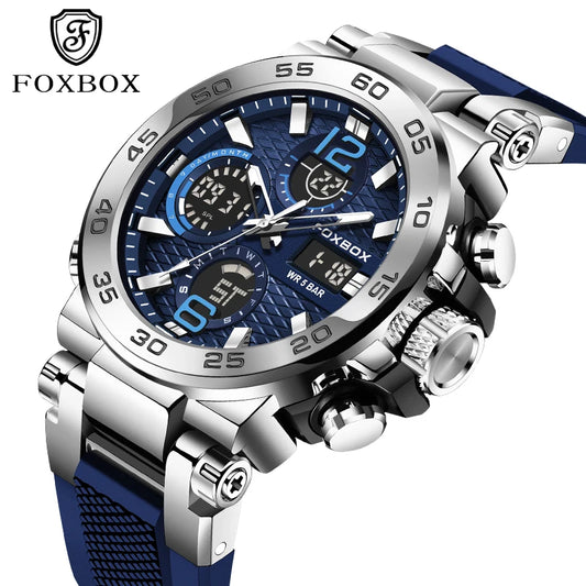 Reloj de pulsera deportivo para hombre FOXBOX Fashion Luxury Quartz, militar, impermeable, con doble pantalla, cronógrafo luminoso + CAJA
